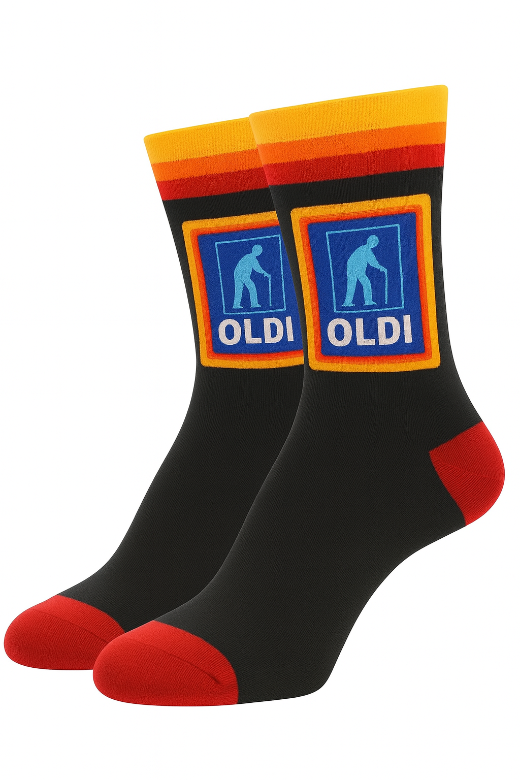 OLDI Men's Cotton Novelty Socks, Black with Retro Logo Design, UK Size 6-11, Black with Red Trim, Humorous Design Christmas and Secret Santa Gift, Stocking Fillers, Presents for Dad or Grandad