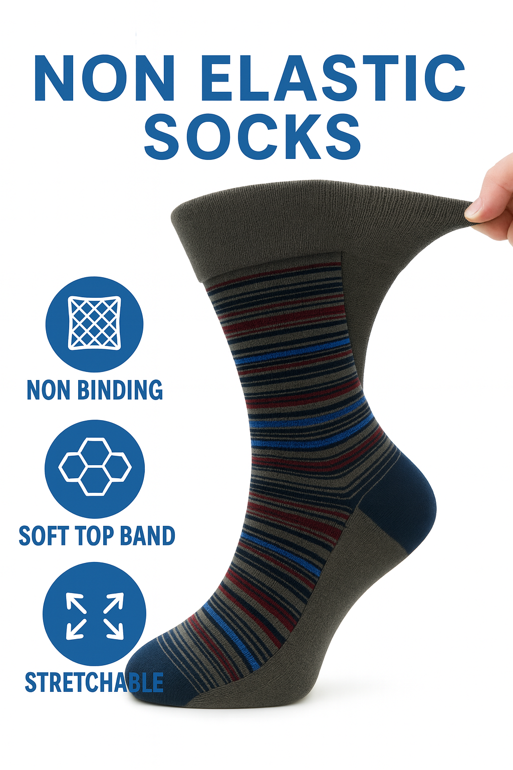 6 Pairs Non Elastic Diabetic Mens Socks Easy Grip Loose Soft Top Rich Cotton Sock Smooth Toe Seem Non Elastic Cuff 6-11 one size UK
