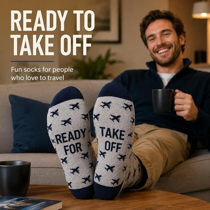 ARG Men’s Funny Airplane Pattern Novelty Socks – “Ready for Take Off” Travel Gift Socks Funny Aeroplane Gift Grey, UK Size 6-11, EU 39-46