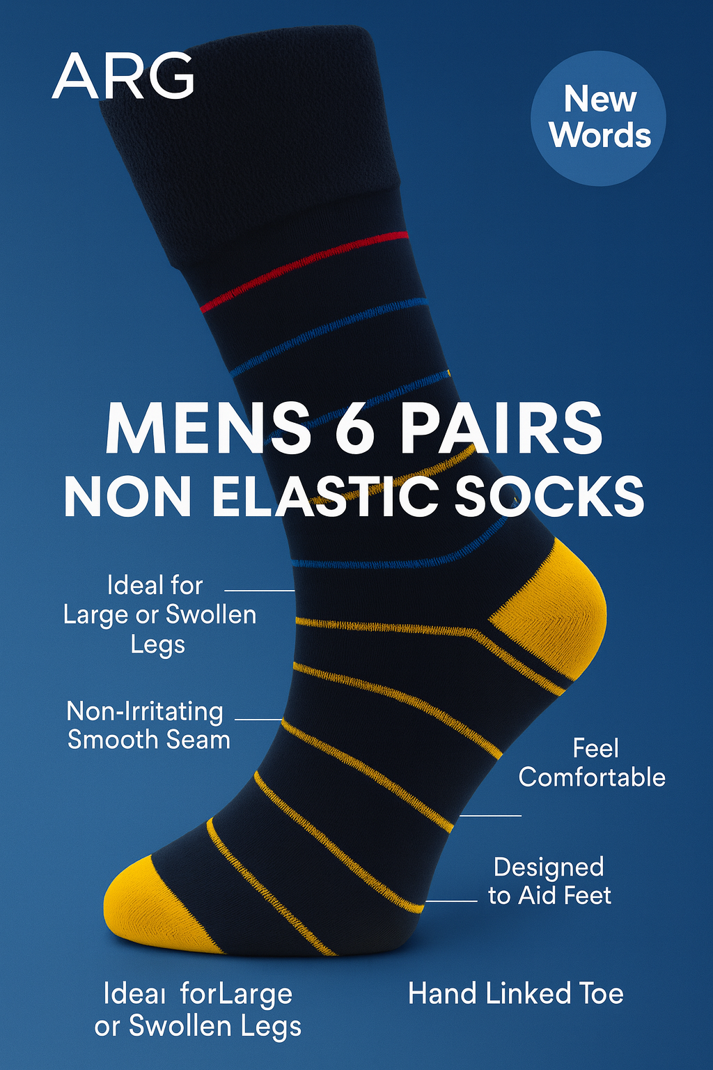 6 Pairs Non Elastic Diabetic Mens Socks Easy Grip Loose Soft Top Rich Cotton Sock Smooth Toe Seem Non Elastic Cuff 6-11 one size UK