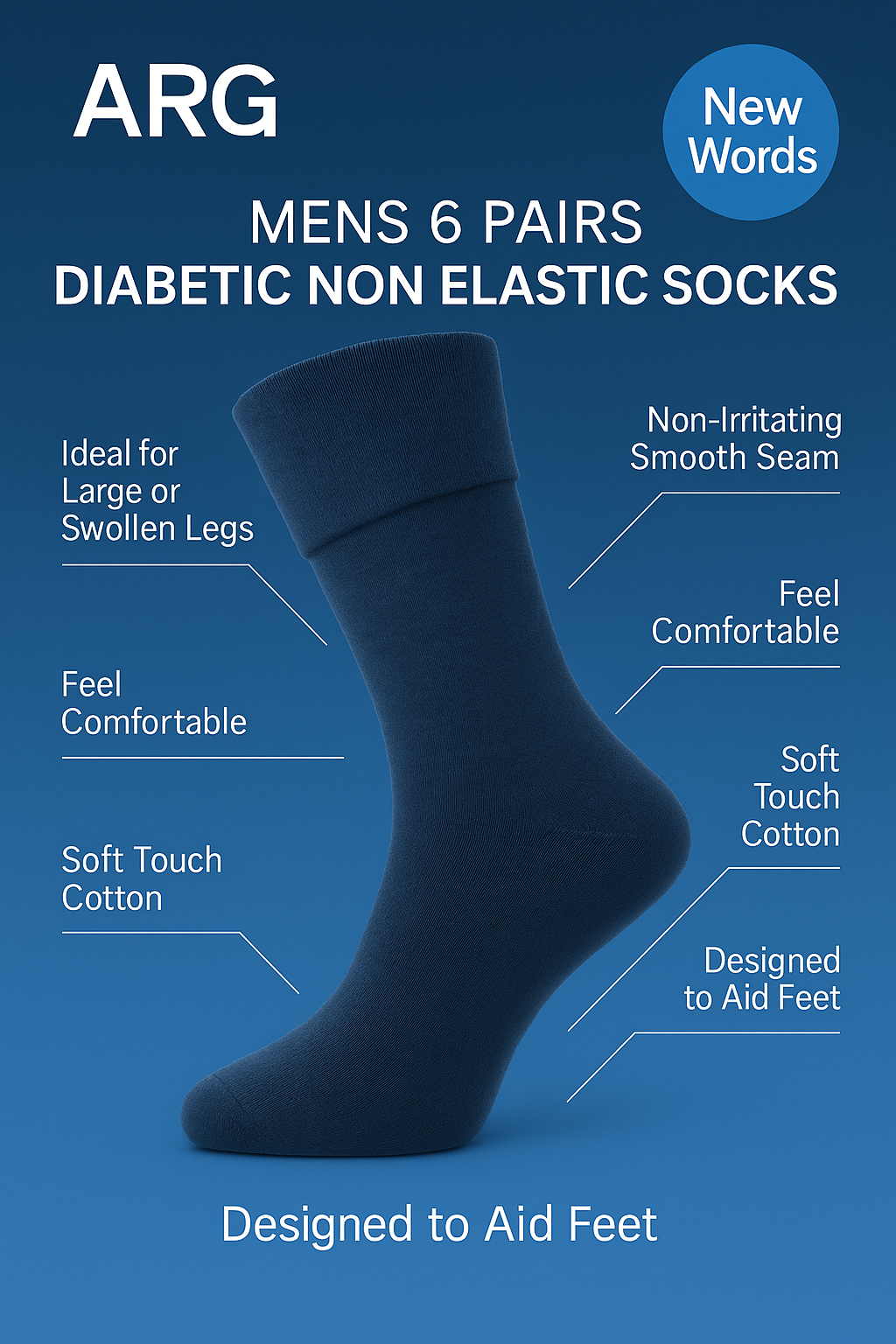 6 Pairs Non Elastic Diabetic Mens Socks Easy Grip Loose Soft Top Rich Cotton Sock Smooth Toe Seem Non Elastic Cuff 6-11 one size UK