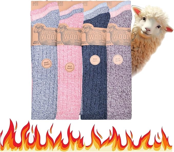 3 Pairs Ladies Soft Thermal Premium Quality Long Wool Blend Boot Socks Mix Colours Size UK 4-8 EU 37-42