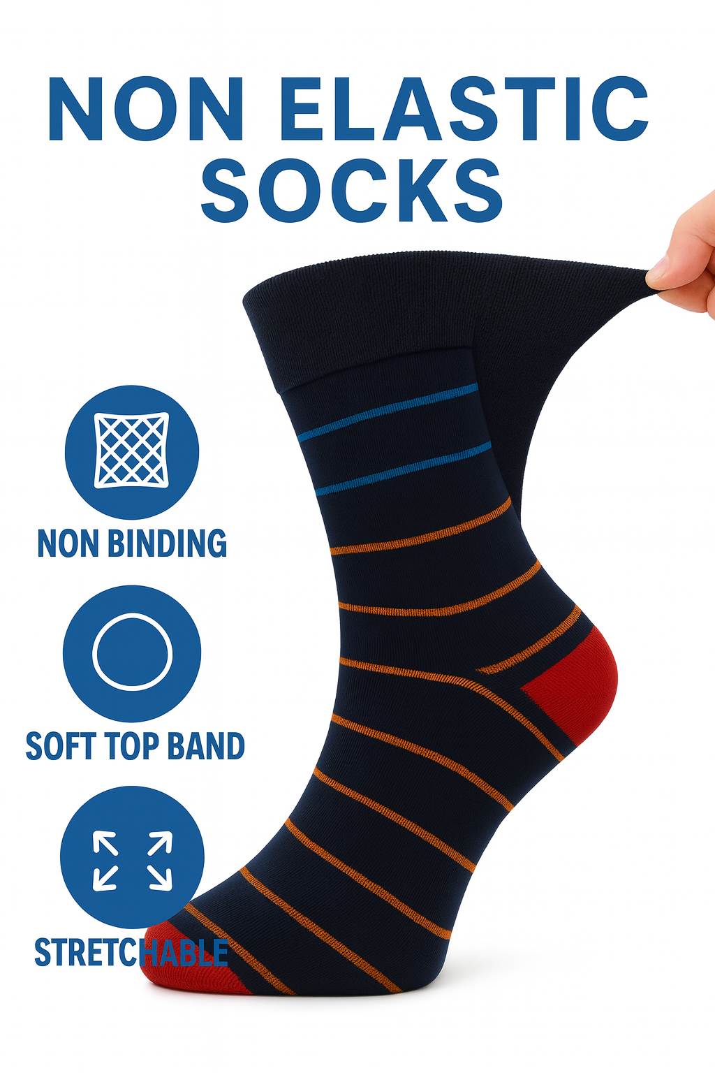 6 Pairs Non Elastic Diabetic Mens Socks Easy Grip Loose Soft Top Rich Cotton Sock Smooth Toe Seem Non Elastic Cuff 6-11 one size UK