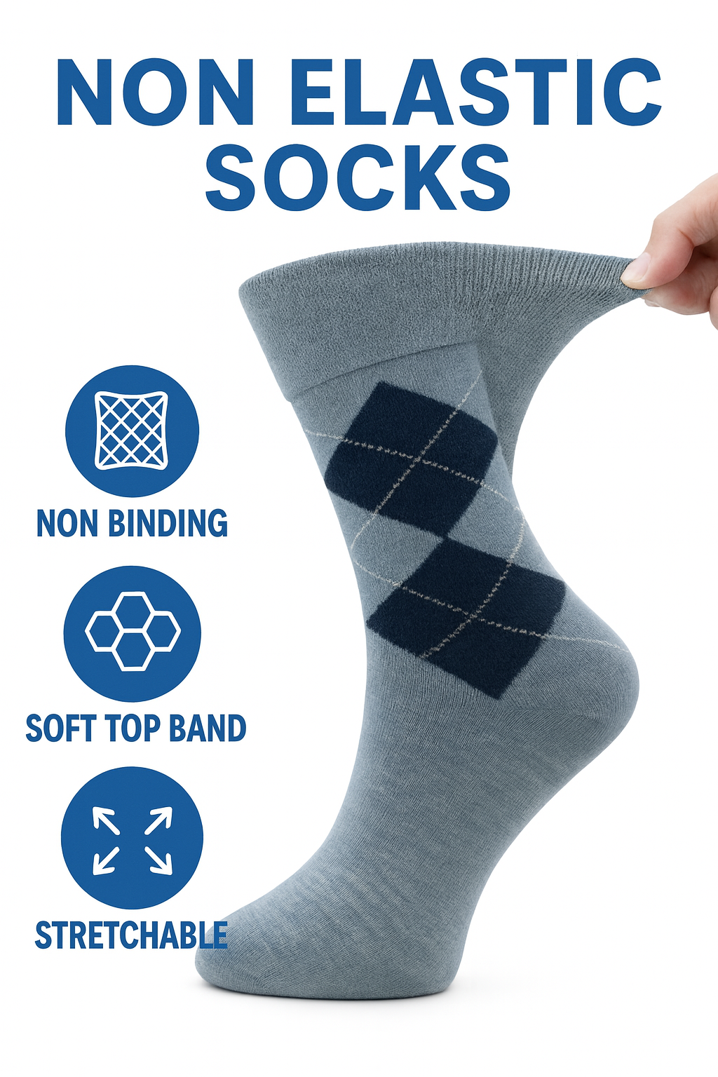 6 Pairs Non Elastic Diabetic Mens Socks Easy Grip Loose Soft Top Rich Cotton Sock Smooth Toe Seem Non Elastic Cuff 6-11 one size UK