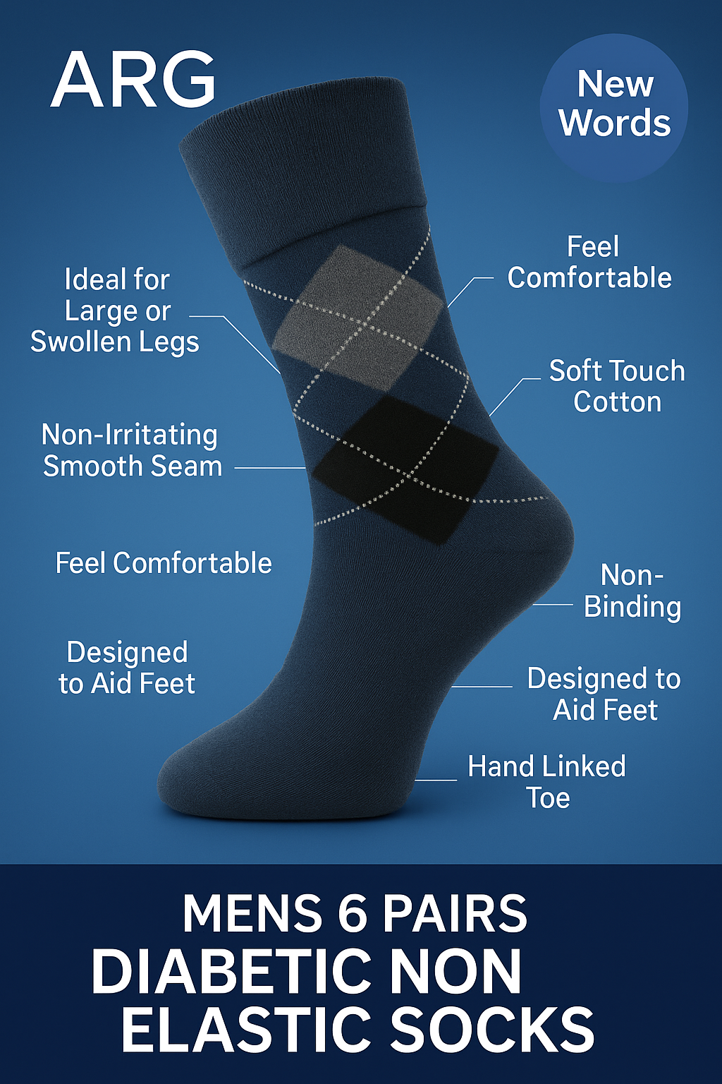 6 Pairs Non Elastic Diabetic Mens Socks Easy Grip Loose Soft Top Rich Cotton Sock Smooth Toe Seem Non Elastic Cuff 6-11 one size UK