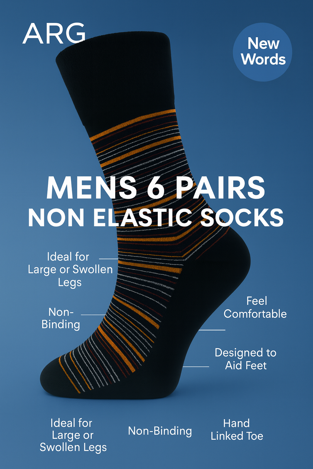 6 Pairs Non Elastic Diabetic Mens Socks Easy Grip Loose Soft Top Rich Cotton Sock Smooth Toe Seem Non Elastic Cuff 6-11 one size UK