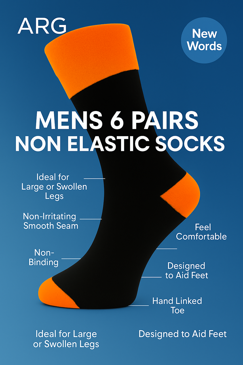 6 Pairs Non Elastic Diabetic Mens Socks Easy Grip Loose Soft Top Rich Cotton Sock Smooth Toe Seem Non Elastic Cuff 6-11 one size UK Heel And Toe