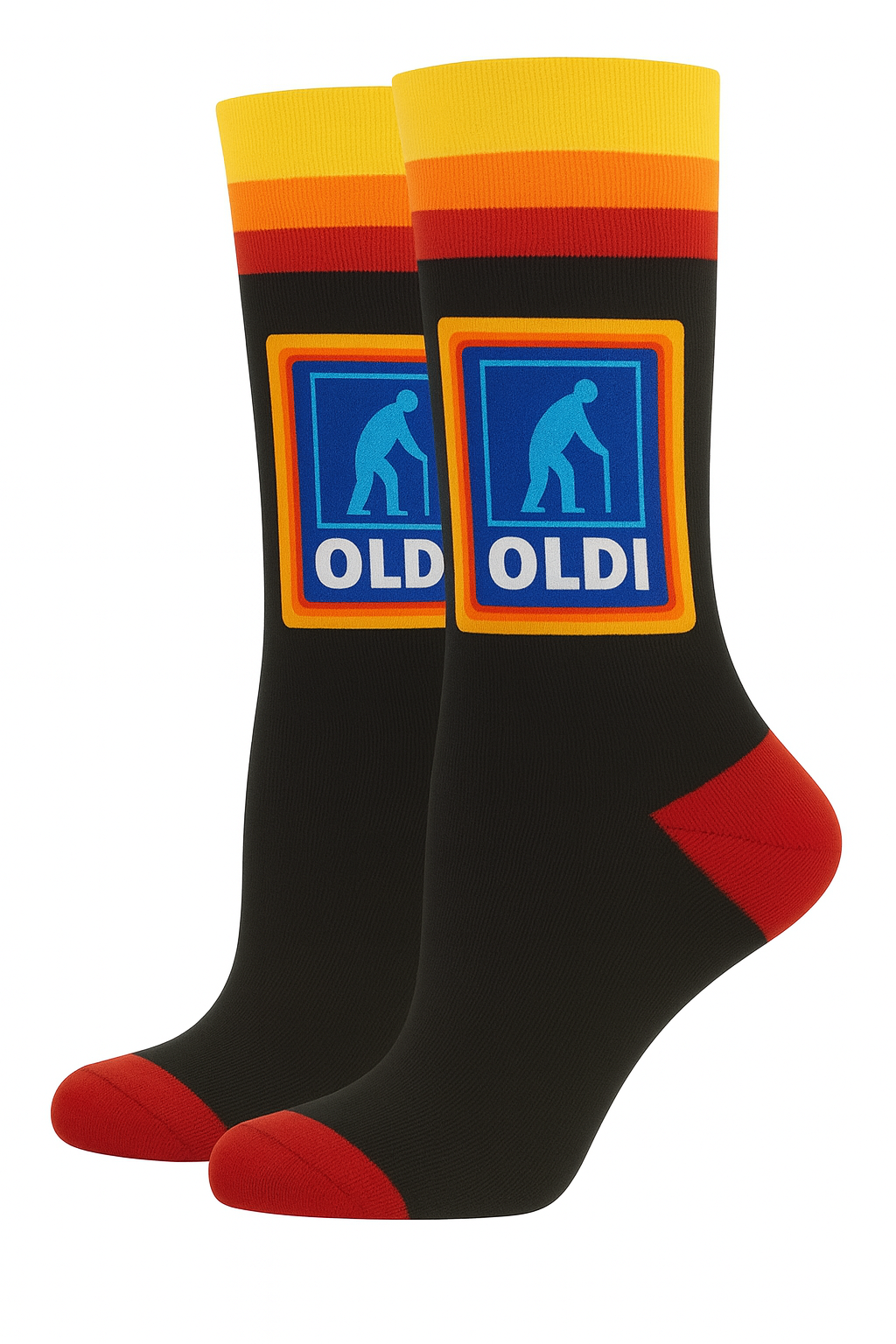 OLDI Men's Cotton Novelty Socks, Black with Retro Logo Design, UK Size 6-11, Black with Red Trim, Humorous Design Christmas and Secret Santa Gift, Stocking Fillers, Presents for Dad or Grandad
