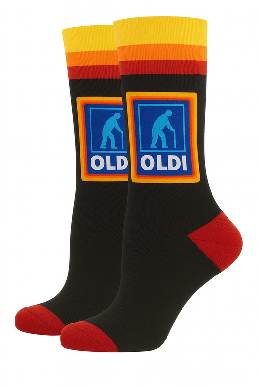 OLDI Men's Cotton Novelty Socks, Black with Retro Logo Design, UK Size 6-11, Black with Red Trim, Humorous Design Christmas and Secret Santa Gift, Stocking Fillers, Presents for Dad or Grandad