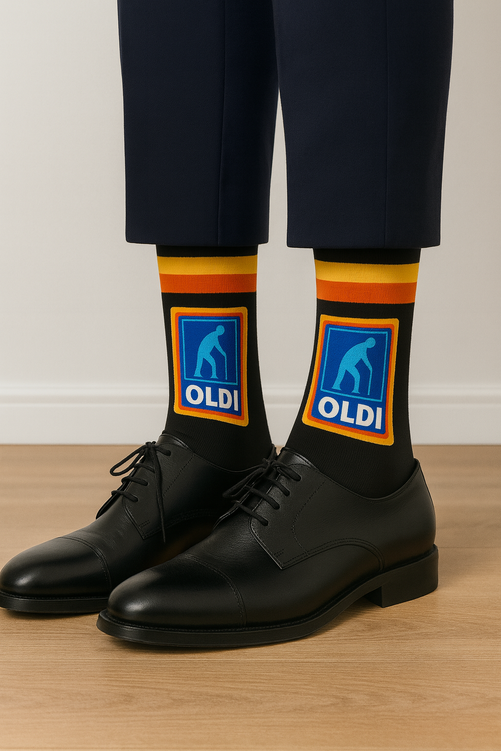 OLDI Men's Cotton Novelty Socks, Black with Retro Logo Design, UK Size 6-11, Black with Red Trim, Humorous Design Christmas and Secret Santa Gift, Stocking Fillers, Presents for Dad or Grandad