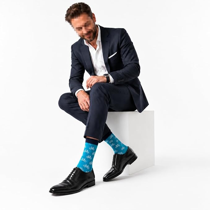 ARG Cycling Socks for Men, Teal with Bicycle Print, Cotton Rich, 'Ride More Worry Less', Funny Socks Cycling Gifts for Men Size 6-11,