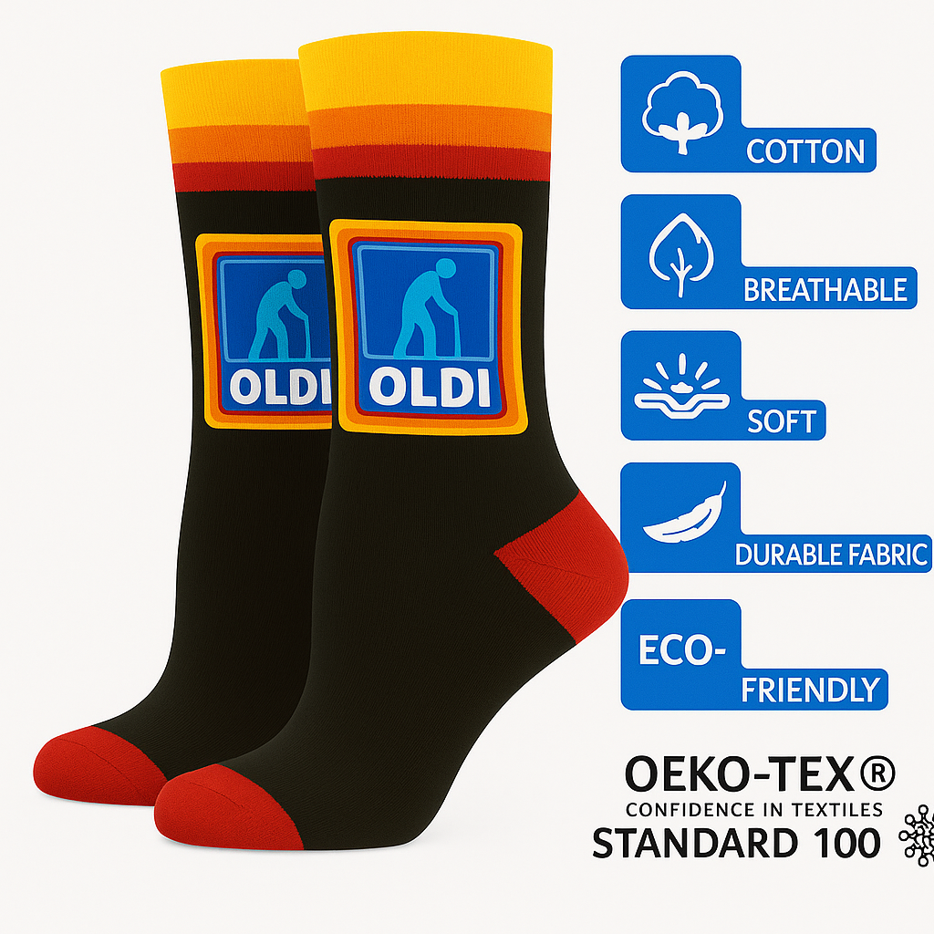 OLDI Men's Cotton Novelty Socks, Black with Retro Logo Design, UK Size 6-11, Black with Red Trim, Humorous Design Christmas and Secret Santa Gift, Stocking Fillers, Presents for Dad or Grandad
