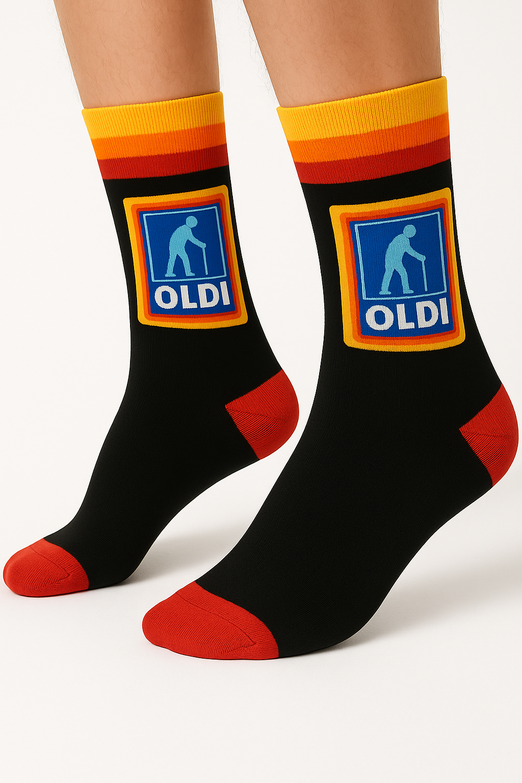 OLDI Men's Cotton Novelty Socks, Black with Retro Logo Design, UK Size 6-11, Black with Red Trim, Humorous Design Christmas and Secret Santa Gift, Stocking Fillers, Presents for Dad or Grandad