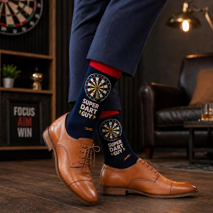 Darts Novelty Funny Socks for Men, 'Super Dart Guy' Design, Lucky Darts Cotton, Size 6-11, Christmas or Fathers Day Gift