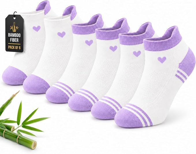 ARG Premium Women's Bamboo Ankle Socks, Cream with Pink and Purple Accents, Heart Design, Moisture Wicking, Breathable, Low Cut, 6 Pairs, UK 4-8 (UK, Numeric, 4, 8, Regular, Regular, White)