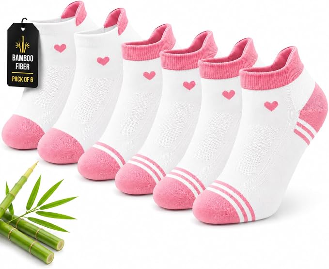ARG Premium Women's Bamboo Ankle Socks, Cream with Pink and Purple Accents, Heart Design, Moisture Wicking, Breathable, Low Cut, 6 Pairs, UK 4-8 (UK, Numeric, 4, 8, Regular, Regular, White)