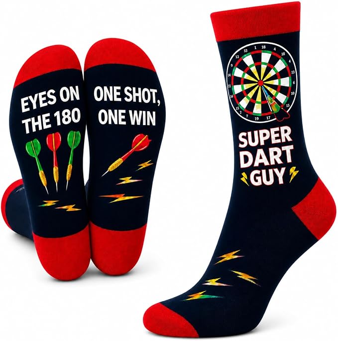Darts Novelty Funny Socks for Men, 'Super Dart Guy' Design, Lucky Darts Cotton, Size 6-11, Christmas or Fathers Day Gift