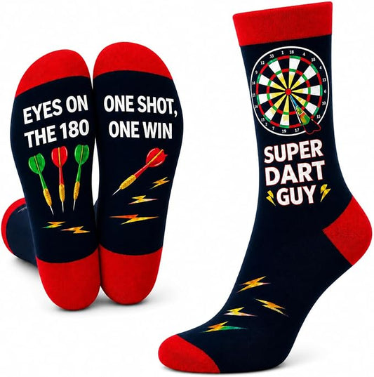 Darts Novelty Funny Socks for Men, 'Super Dart Guy' Design, Lucky Darts Cotton, Size 6-11, Christmas or Fathers Day Gift