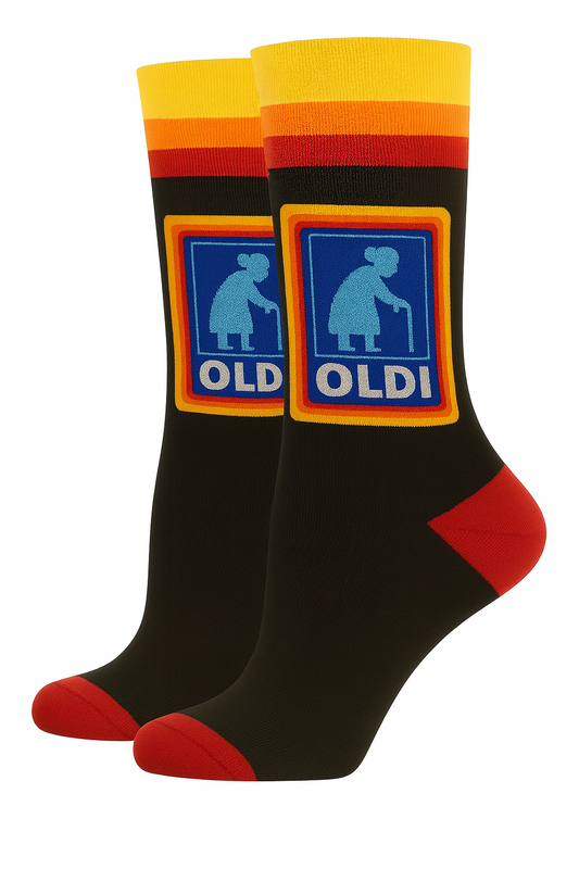 Oldi Novelty Socks Funny Gifts For Women Funny Secret Santa Gifts for Women Stocking Fillers Rude Secret Santa Gift Ideas Size Black with Retro Logo Design, UK 4-8, Crew Length Old Age Joke Presents for Her