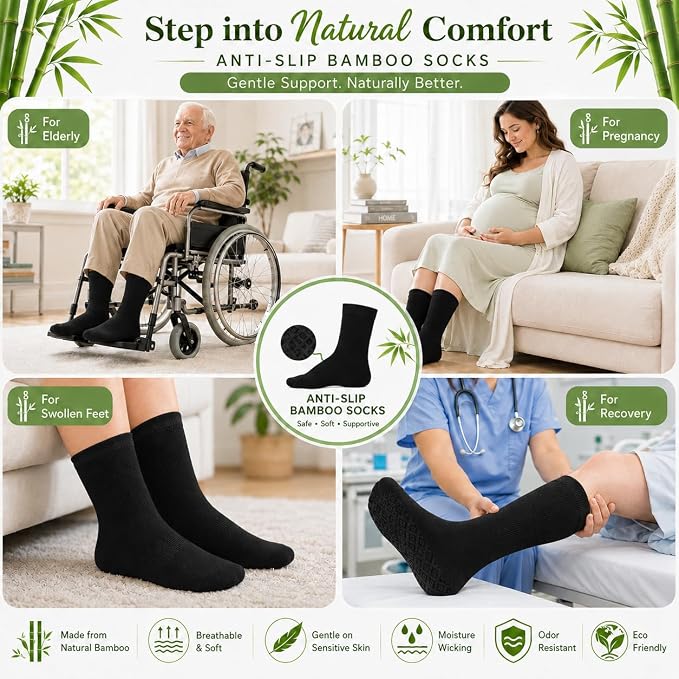 ARG Diabetic Socks for Swollen Feet, Extra Wide Bamboo, Non-Slip Grip, Seamless, Loose Fit, 3 Pairs (UK, Numeric, 6, 11, Regular, Regular, Black)