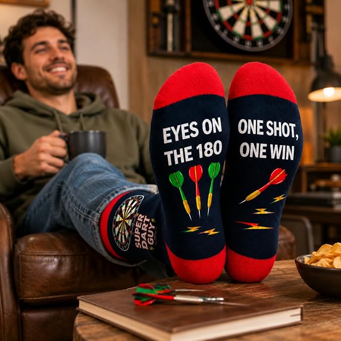 Darts Novelty Funny Socks for Men, 'Super Dart Guy' Design, Lucky Darts Cotton, Size 6-11, Christmas or Fathers Day Gift
