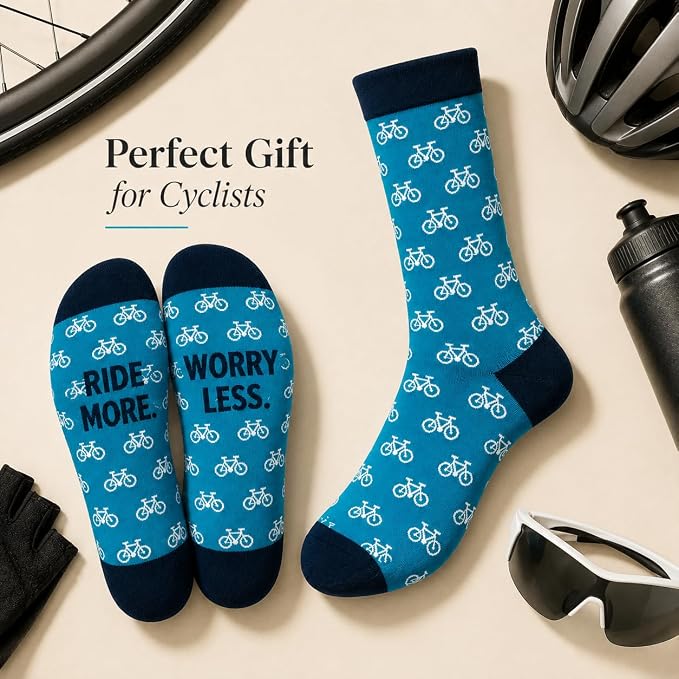 ARG Cycling Socks for Men, Teal with Bicycle Print, Cotton Rich, 'Ride More Worry Less', Funny Socks Cycling Gifts for Men Size 6-11,