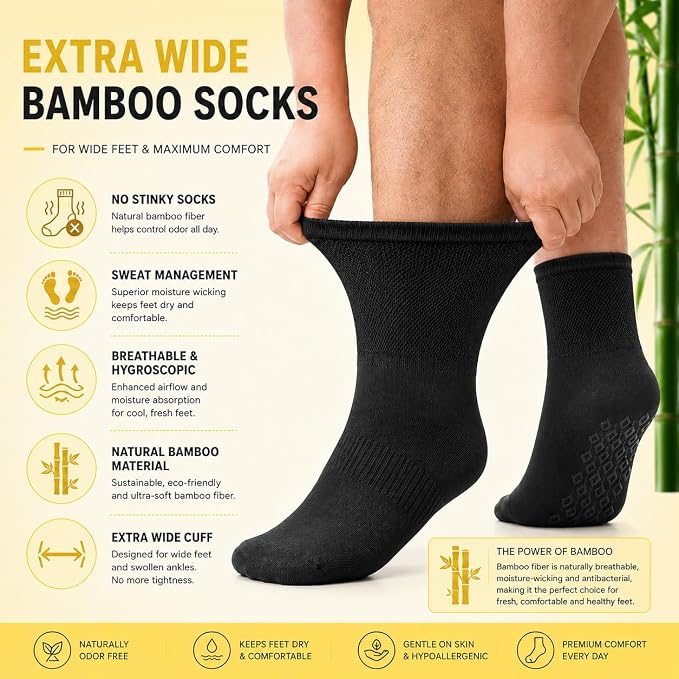 ARG Diabetic Socks for Swollen Feet, Extra Wide Bamboo, Non-Slip Grip, Seamless, Loose Fit, 3 Pairs (UK, Numeric, 6, 11, Regular, Regular, Black)