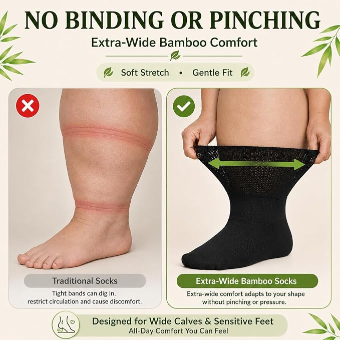 ARG Diabetic Socks for Swollen Feet, Extra Wide Bamboo, Non-Slip Grip, Seamless, Loose Fit, 3 Pairs (UK, Numeric, 6, 11, Regular, Regular, Black)