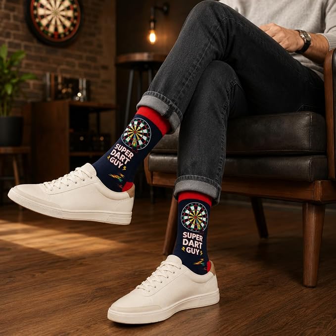 Darts Novelty Funny Socks for Men, 'Super Dart Guy' Design, Lucky Darts Cotton, Size 6-11, Christmas or Fathers Day Gift