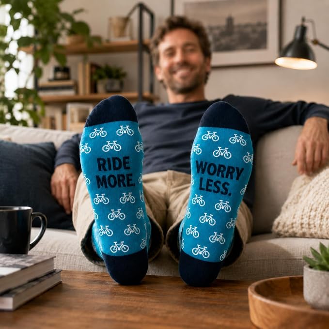 ARG Cycling Socks for Men, Teal with Bicycle Print, Cotton Rich, 'Ride More Worry Less', Funny Socks Cycling Gifts for Men Size 6-11,