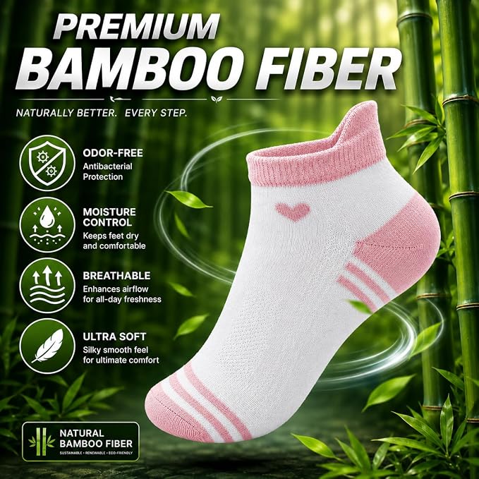 ARG Premium Women's Bamboo Ankle Socks, Cream with Pink and Purple Accents, Heart Design, Moisture Wicking, Breathable, Low Cut, 6 Pairs, UK 4-8 (UK, Numeric, 4, 8, Regular, Regular, White)