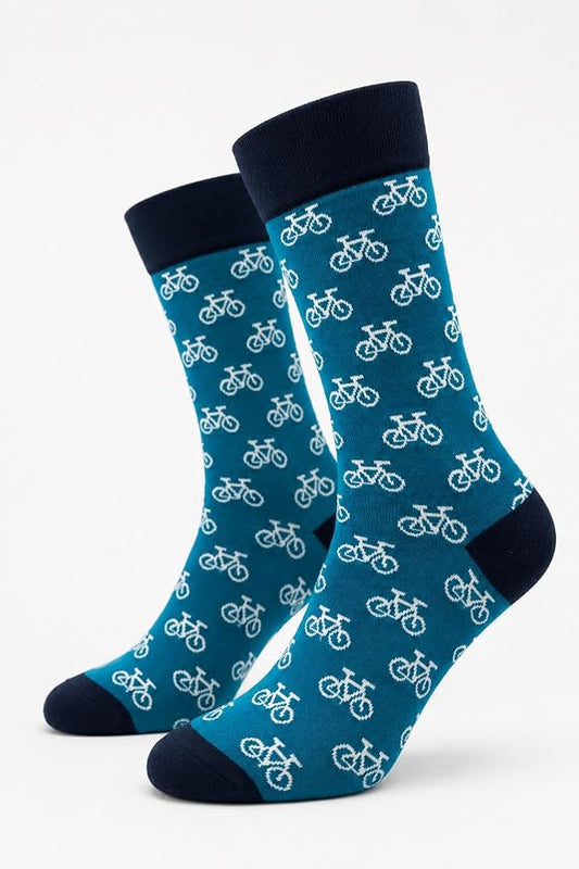 ARG Cycling Socks for Men, Teal with Bicycle Print, Cotton Rich, 'Ride More Worry Less', Funny Socks Cycling Gifts for Men Size 6-11,