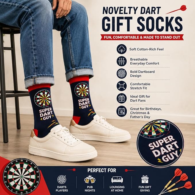 Darts Novelty Funny Socks for Men, 'Super Dart Guy' Design, Lucky Darts Cotton, Size 6-11, Christmas or Fathers Day Gift