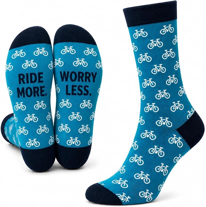 ARG Cycling Socks for Men, Teal with Bicycle Print, Cotton Rich, 'Ride More Worry Less', Funny Socks Cycling Gifts for Men Size 6-11,