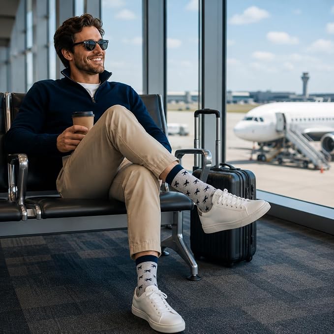 ARG Men’s Funny Airplane Pattern Novelty Socks – “Ready for Take Off” Travel Gift Socks Funny Aeroplane Gift Grey, UK Size 6-11, EU 39-46