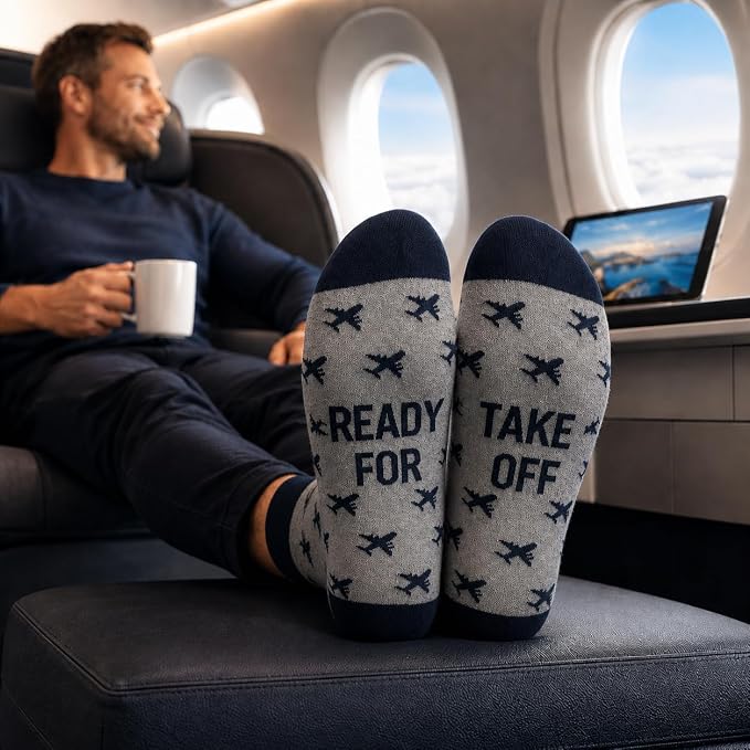 ARG Men’s Funny Airplane Pattern Novelty Socks – “Ready for Take Off” Travel Gift Socks Funny Aeroplane Gift Grey, UK Size 6-11, EU 39-46