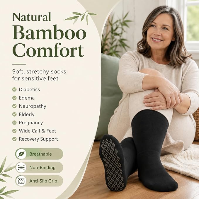 ARG Diabetic Socks for Swollen Feet, Extra Wide Bamboo, Non-Slip Grip, Seamless, Loose Fit, 3 Pairs (UK, Numeric, 6, 11, Regular, Regular, Black)