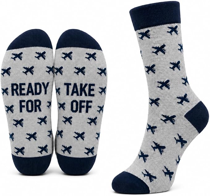 ARG Men’s Funny Airplane Pattern Novelty Socks – “Ready for Take Off” Travel Gift Socks Funny Aeroplane Gift Grey, UK Size 6-11, EU 39-46