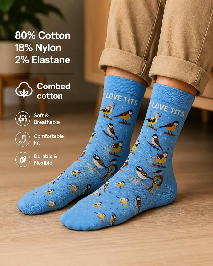 ARG I Love Tits Funny Bird Watching Socks for Men, Novelty Cotton Rich, UK Size 6-11, Rude Joke Gift, Secret Santa Stocking Filler
