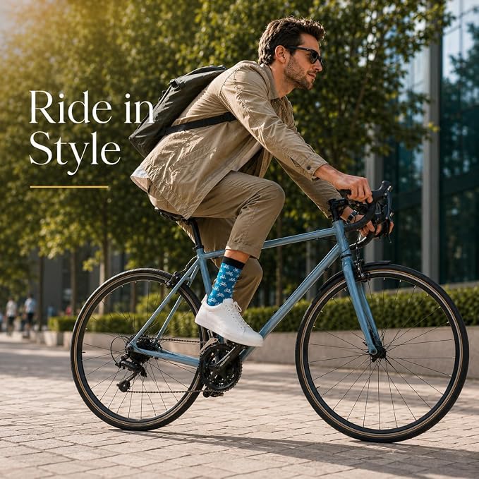ARG Cycling Socks for Men, Teal with Bicycle Print, Cotton Rich, 'Ride More Worry Less', Funny Socks Cycling Gifts for Men Size 6-11,