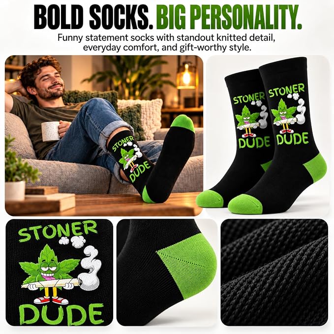 ARG Men’s Funny Stoner Dad & Stoner Dude Novelty Crew Socks Size 6-11