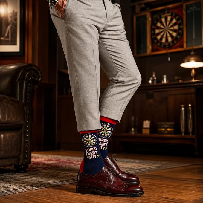 Darts Novelty Funny Socks for Men, 'Super Dart Guy' Design, Lucky Darts Cotton, Size 6-11, Christmas or Fathers Day Gift
