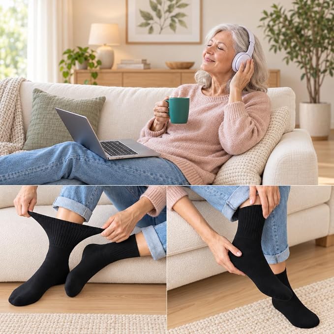 ARG 3 Pairs Women Extra Wide Diabetic Bamboo Socks, Size 4-8 (Bambbo, Dark)