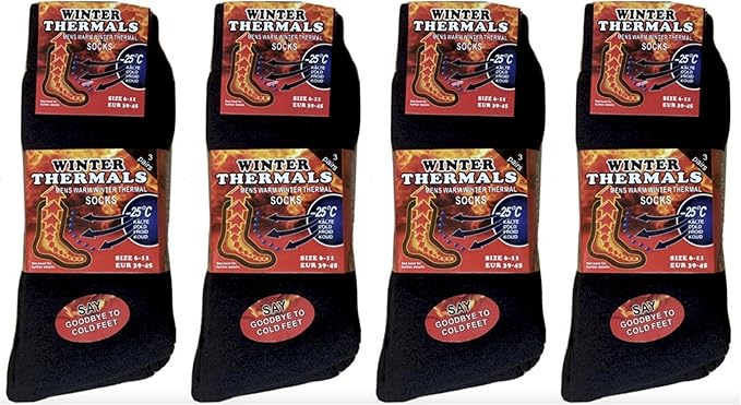6 Pairs Men's Black Thermal Socks Winter Outdoor Walking Exercising Hiking Soft Heavy Duty Uk 6-11 EU 39-42
