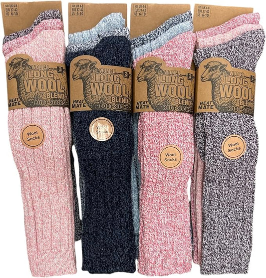 3 Pairs Ladies Soft Thermal Premium Quality Long Wool Blend Boot Socks Mix Colours Size UK 4-8 EU 37-42