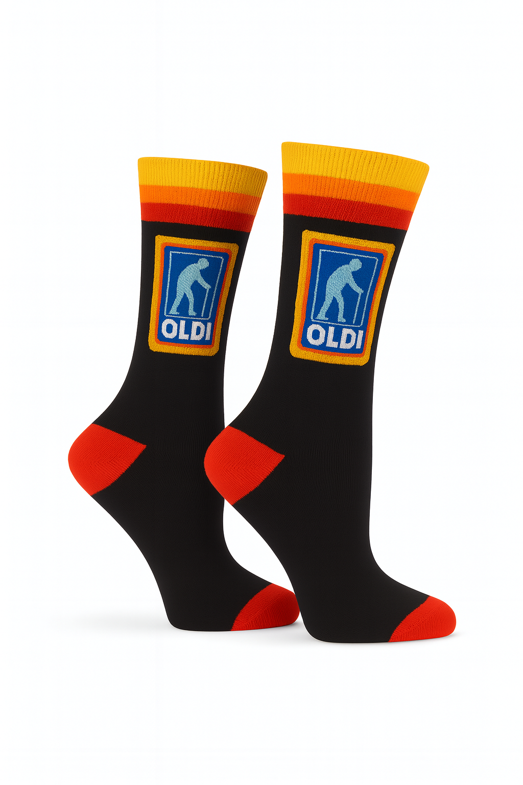 OLDI Men's Cotton Novelty Socks, Black with Retro Logo Design, UK Size 6-11, Black with Red Trim, Humorous Design Christmas and Secret Santa Gift, Stocking Fillers, Presents for Dad or Grandad
